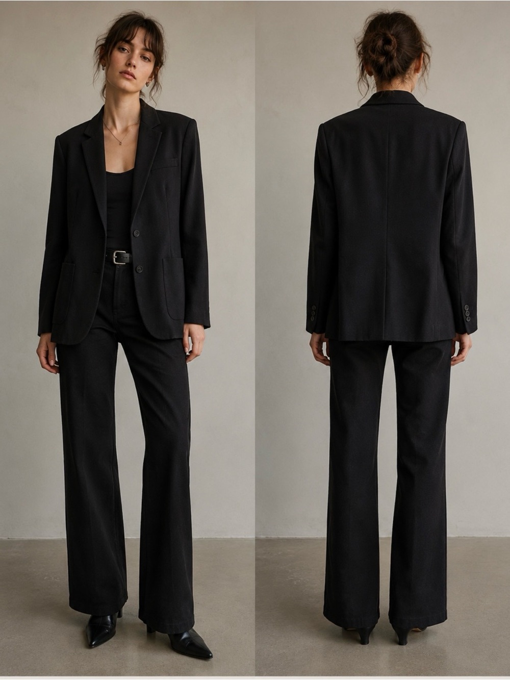Anine Bing black wool blend blazer with notched lapel and a two-button closure
